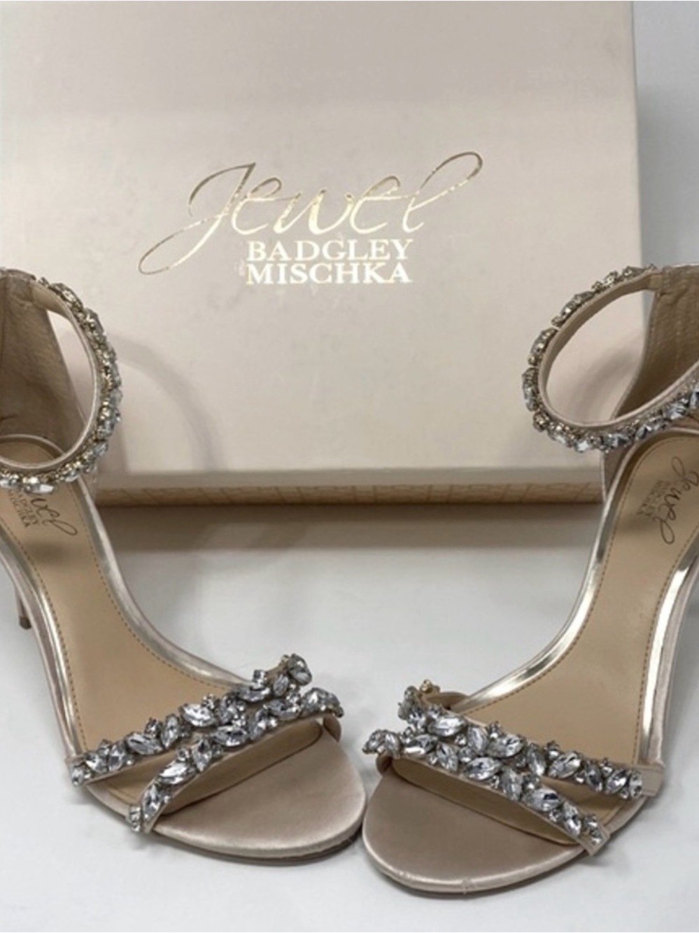 JEWEL BADGLEY MISCHKA Caroline Rhinestone Champagne Ankle Beaded Heels Size 7.5